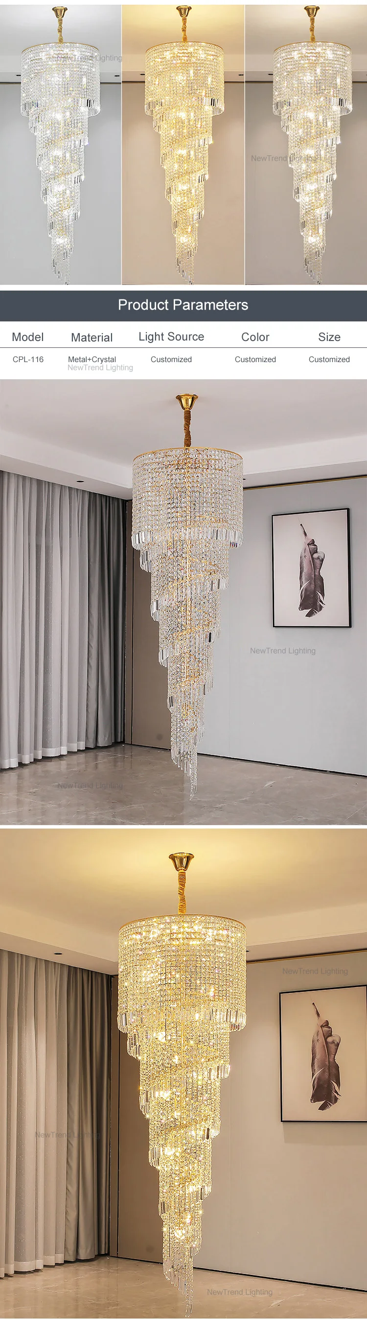 CPL-116 Luxury Style Indoor Decoration Hotel Lobby Villa Staircase LED Crystal Custom Chandelier supplier
