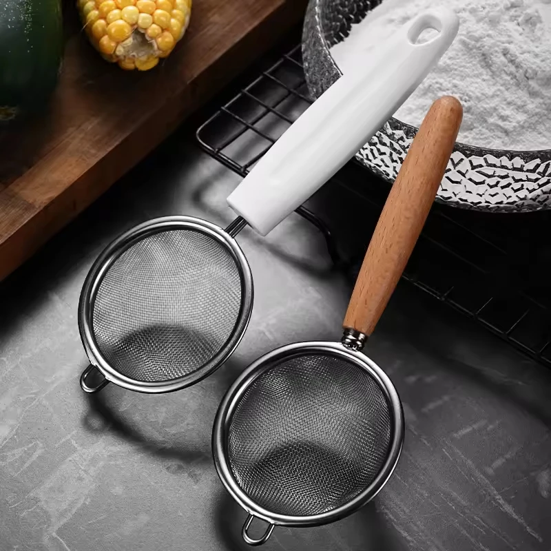 Wooden Handle Stainless Steel Small Colander Fine Mesh Oil Strainer Multi-function Filter Mesh Flour Sifter Kitchen Baking Tools