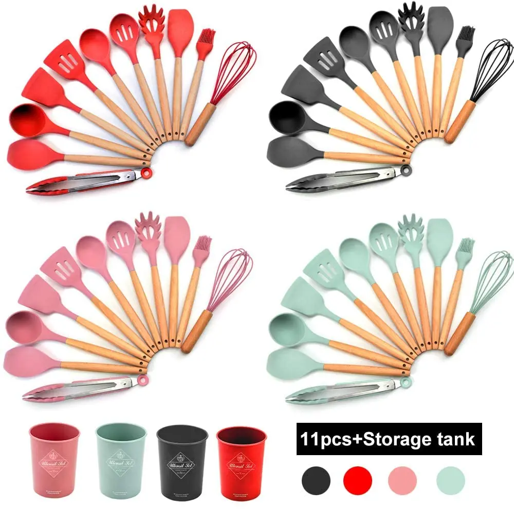 12pcs Colorful Silicone & Wooden Handle Tools Home or Picnic Silicone Custom Kitchen  Home Serving Set Utensil