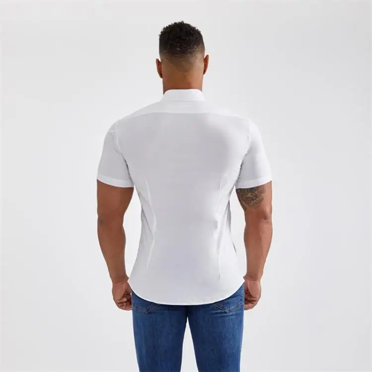 Muscular Men Stretch Shirt Stand Collar Short Sleeve Breathable Sports Cardigan Fitness Clothes