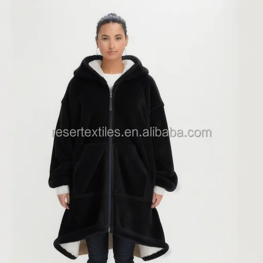 Custom Solid Giant Pocket Unisex Quilted Character Hooded Sherpa Wearable Blanket Sweatshirt Oversized Hoodie Zip-up Coat Adults