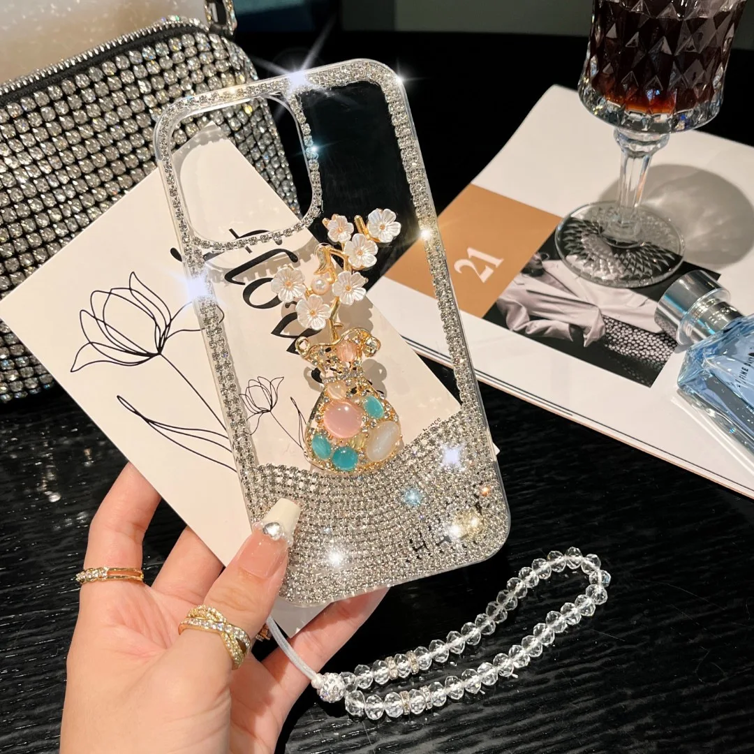 Luxury Rhinestone Vase Mobile Cover with Crystal Bead Strap Phone Case for iPhone 15 14 Samsung S24 S23 A34 A54