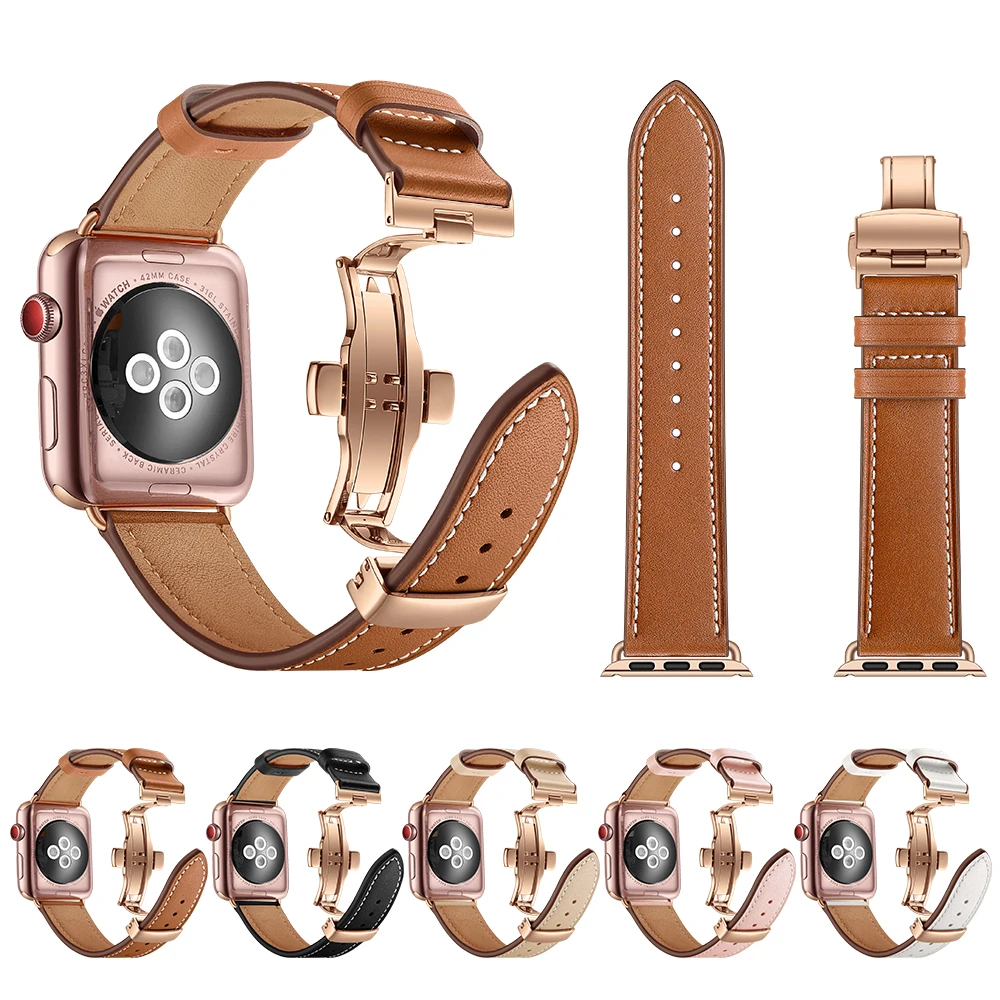 Quick Release Butterfly Buckle Top Grain Leather Watch Strap For Apple