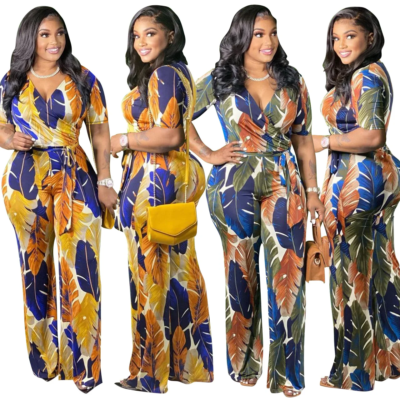 Fashion V Neck Woman Plus Size Jumpsuit 