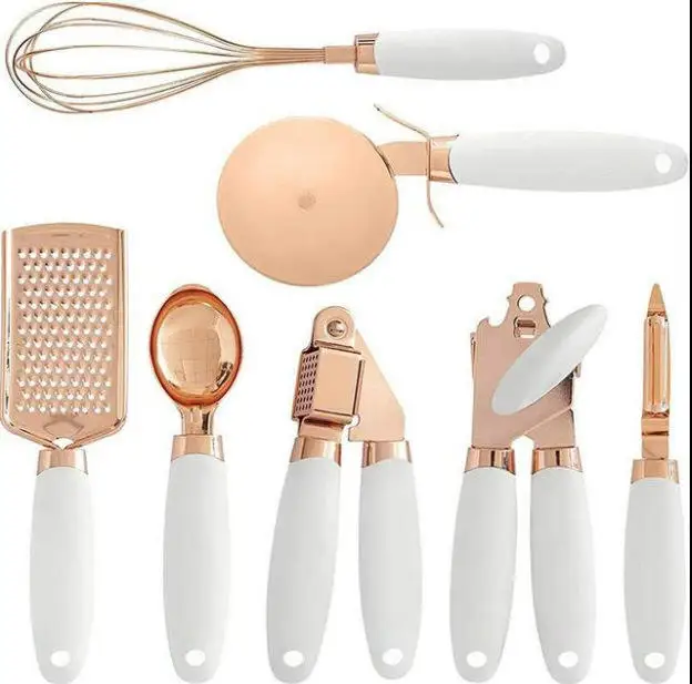 7 Pcs Kitchen Tools Set Mixed Colors Stainless Steel Utensils With Soft Touch Pink Handles