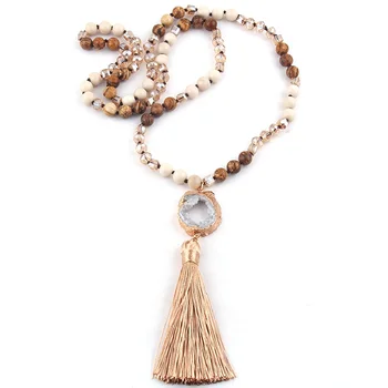 Fashion Boho Jewelry Women Gift Natural Stone Crystal Glass beads Tassel Necklace Irregular Druzy Drop Pendant Necklace