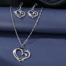 Exquisite Silver Heart Diamond Pendant Necklace Crystal Earrings and Bracelet Wedding Birthday Jewelry Gifts