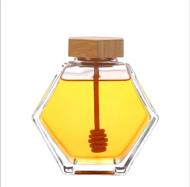 220ml 380ml Empty Hexagonal Honey Glass Jar with Wooden Dipper