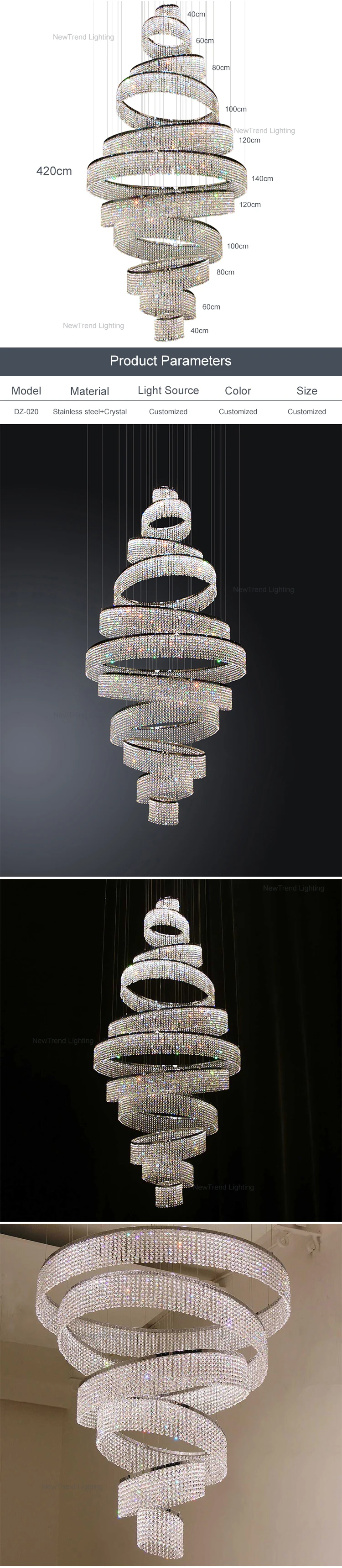 DZ-020 Contemporary Style Indoor Decoration Ballroom Staircase Villa Stainless Steel Crystal Led Chandelier details