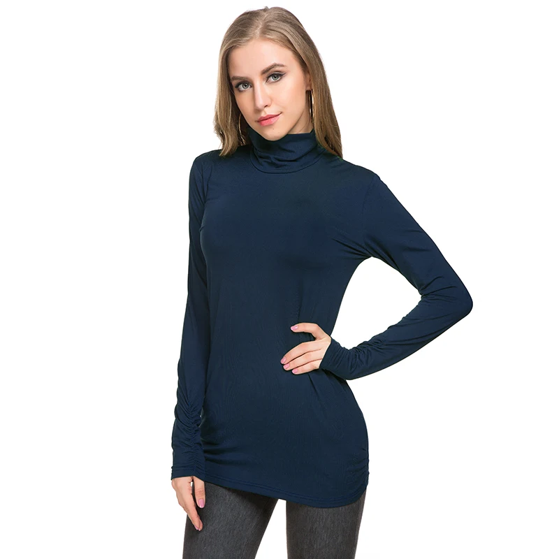 Winter clothing women breathable polyester stretchy fabric high turtleneck long sleeve t shirt
