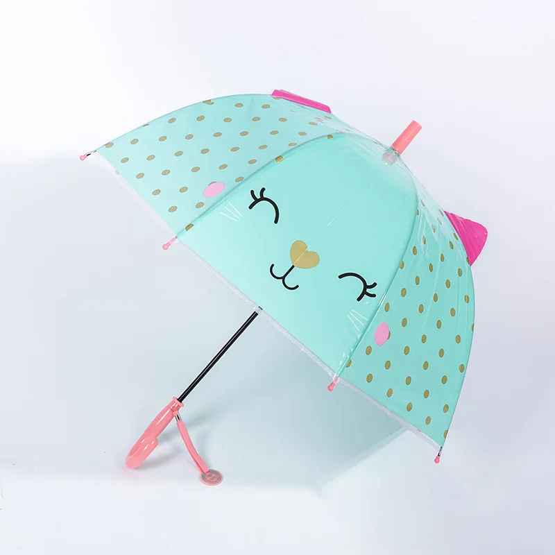 DD1432  Cartoon Animal Clear Stick PVC Rain Proof Umbrella J Handle Students Kids Transparent Ears Umbrella