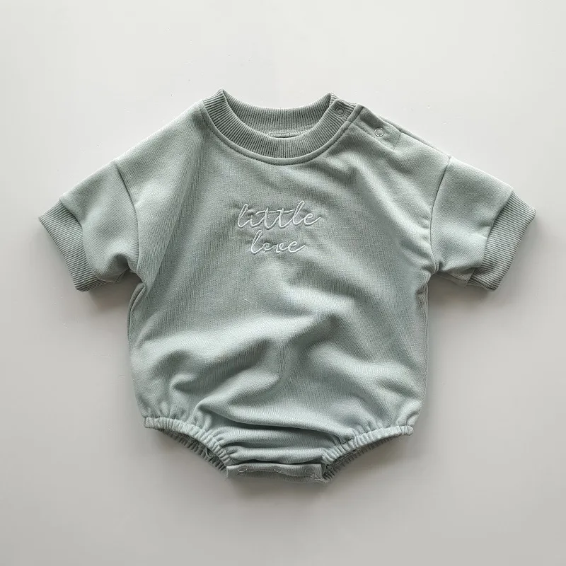 Unisex Baby Boy Girl Solid Color Short Sleeve Romper Alphabet Embroidery T-Shirt Romper Bodysuit
