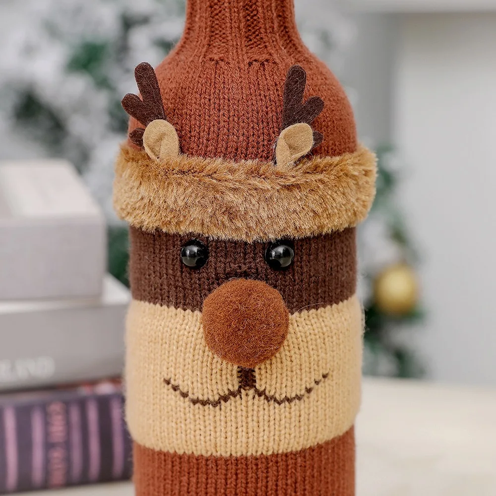Christmas Decors Santa Snowman Knitted Wine Cover Set Cartoon Champagne Bottle Cover Cloth For Home Kitchen Table Decors