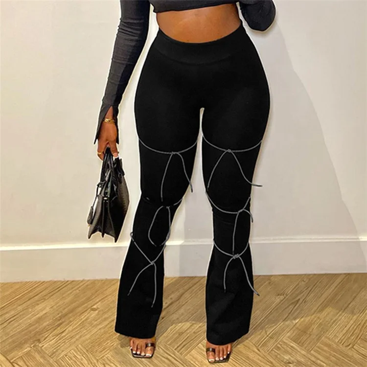 Black High Waist Flare Pants 2023 Fashion Tight Trouser Causal Patchwork Long Pants