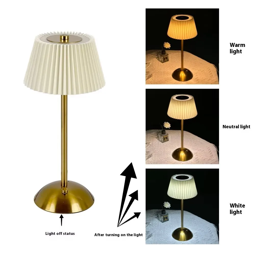 Modern Minimalist Rechargeable Touch Night Light Pleated Fabric Metal Bedside Atmosphere Lamp 5V Battery Cross-Border Table Lamp