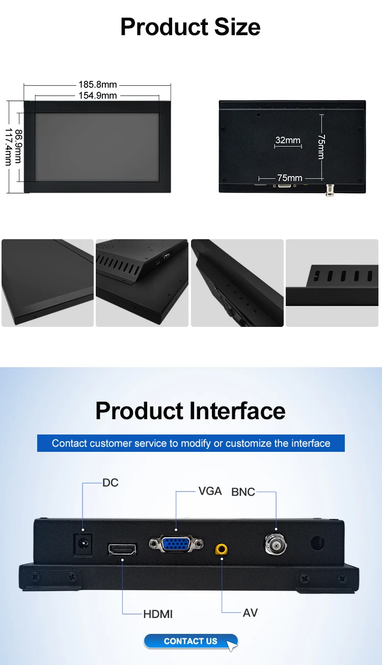 Mini 7 Inch Industrial VGA BNC HD TFT IPS Monitor Wall-Mounted Resistive Touch 1024*600 Resolution USB Interface New Metal Case