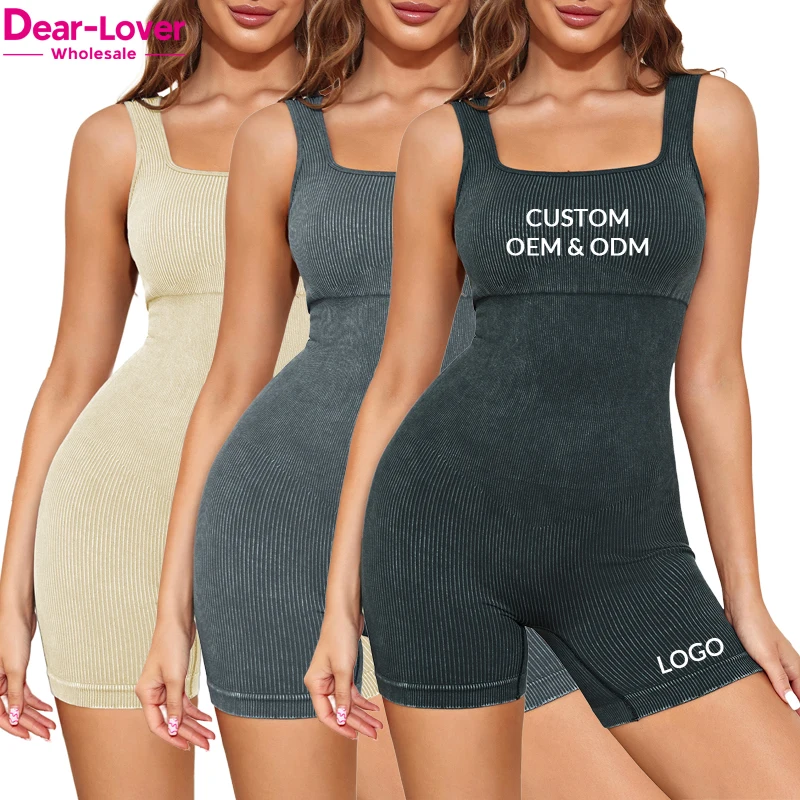 Dear-Lover OEM ODM Custom Logo Gym Sportswear Fitness Wear Solid Ribbed Padded One Piece Yoga Jumpsuit
