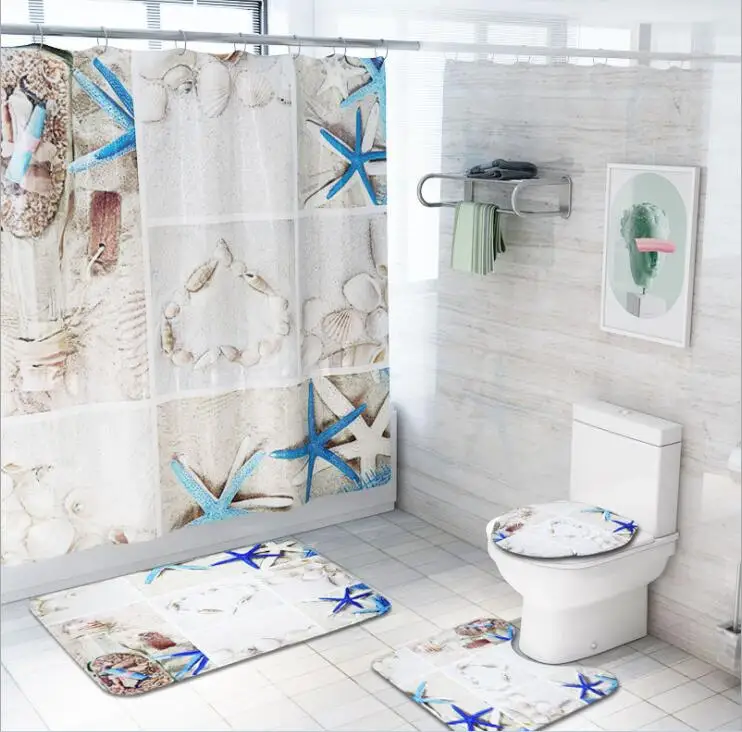 Bathroom Decoration Shower Curtain Bath Mat Rug Toilet Seat Lid Cover Waterproof