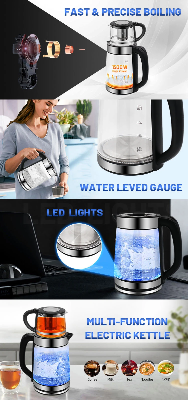 2 2l Glass Body 360 Degree Rotational Base Double Electric Kettle For