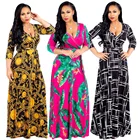 Long Sexy Deep Loose V-neck Long Sleeve Floral Print Beach Maxi Nighty Clubs Casual Plus Size Long Dresses