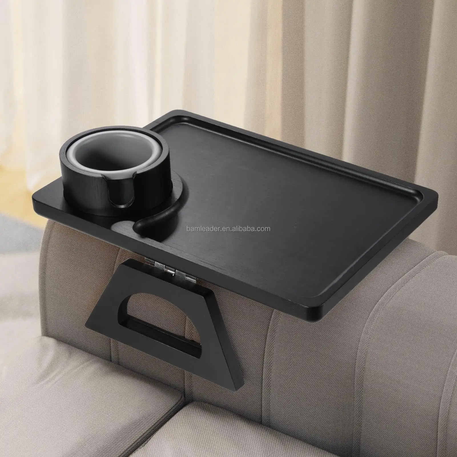 Bamboo Storage Sofa Armrest Organizer Tray Clip on Wide Couches Anti-Slip Bamboo Couch Arm Table with Phone Holder Cup Holder