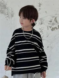 Fall 2023 new children's long sleeve T-shirt loose breathable undershirt niche hem cut style boy and girl striped top