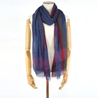 Black White Tartan Plaid Stripe Border Yarn Dye Gauzy Light Weight Mercerized Wool Scarves Ladies For Women Stylish