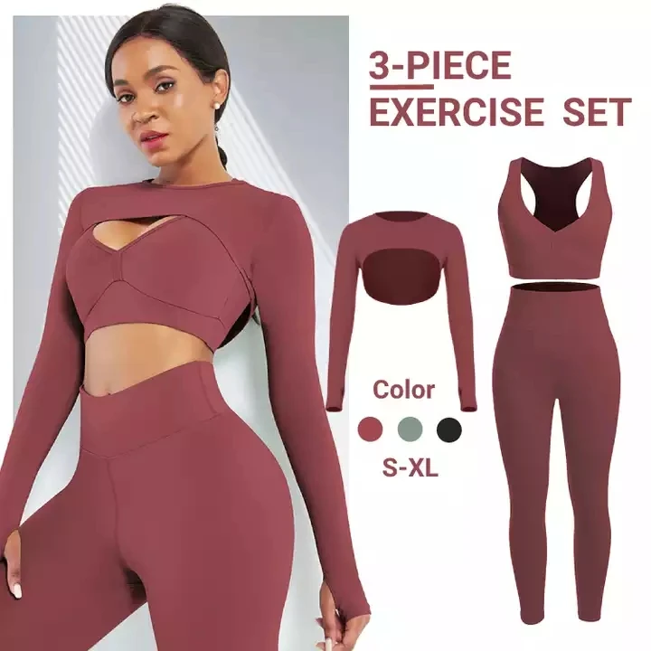 2023 Yoga Sets 3 Piece Gym Fitness Set Sexy Sport Wear Long Sleeve Crop