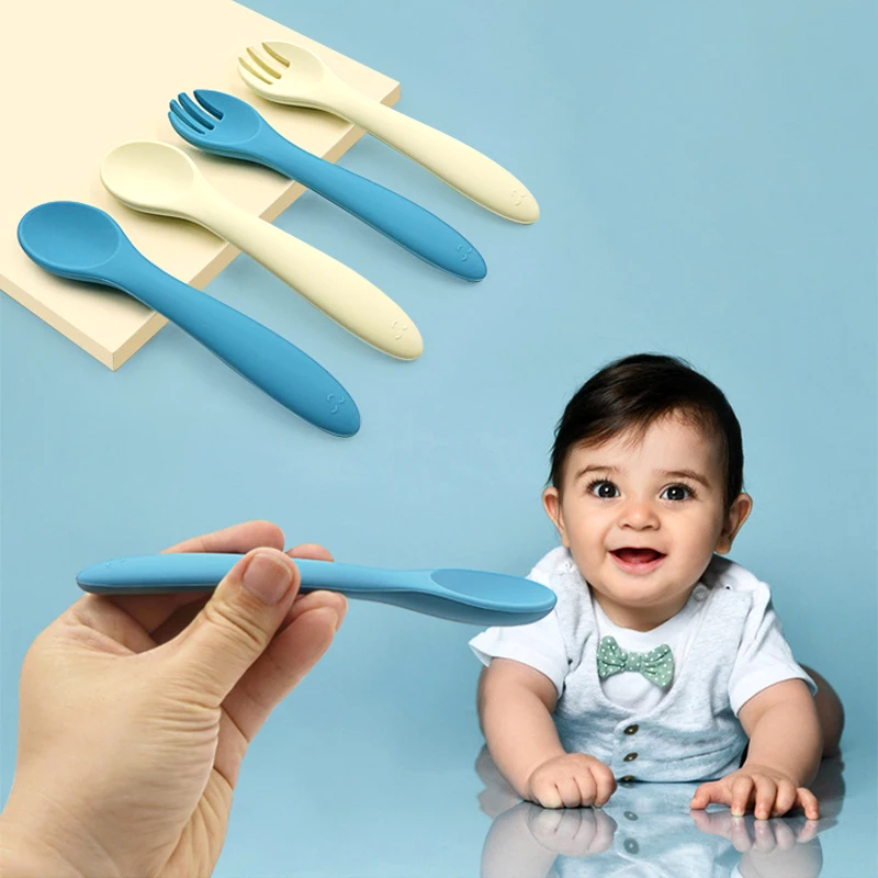 Wholesale BPA-Free Silicone Baby Led Weaning Training Spoon First Stage Kids Feeding Utensil Baby Spoon Fork Set