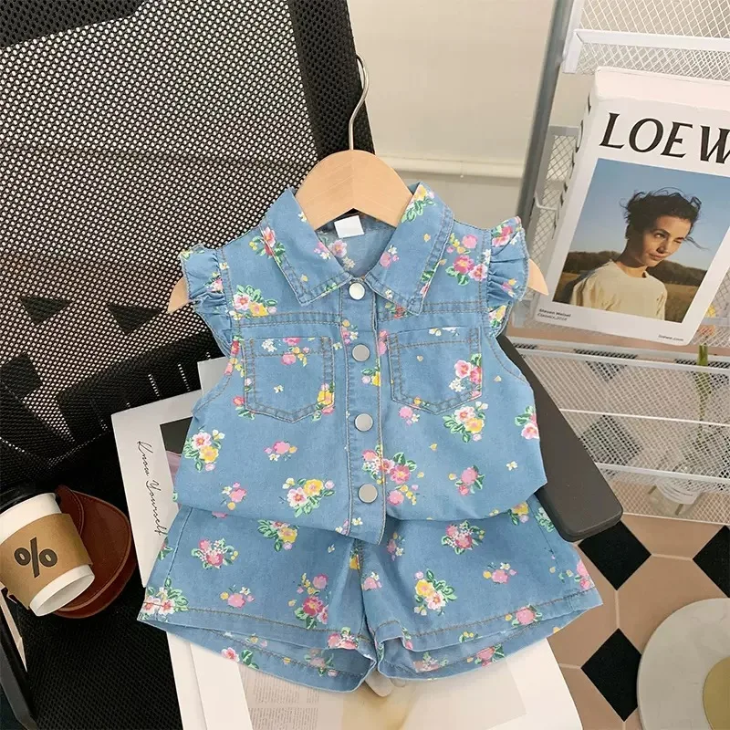 2023 Summer Girl's New Suit Denim Floral Shirt + Shorts Two-Piece Set