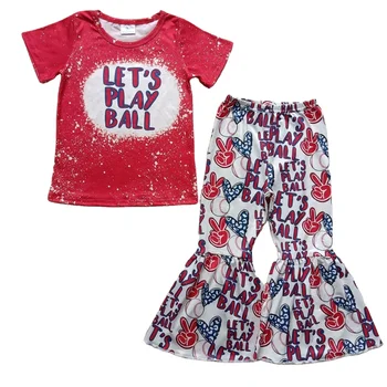 Toddler Play Ball Outfits Baby Girls Short Sleeves Shirt Bell Bottom Pants Kids Clothing Baseball Red Sets Children Boutique
