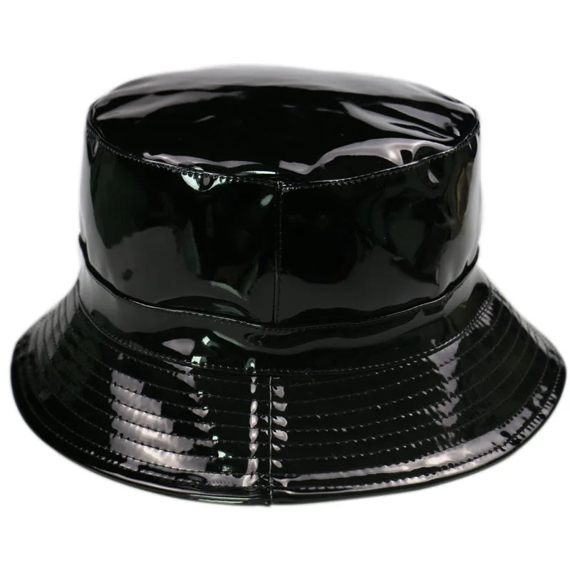 black patent bucket hat