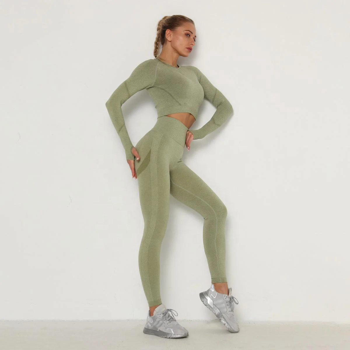 Workout Outfits for Women 2 Piece Ribbed Exercise Long Sleeve Tops High Waist Leggings Active Yoga Set