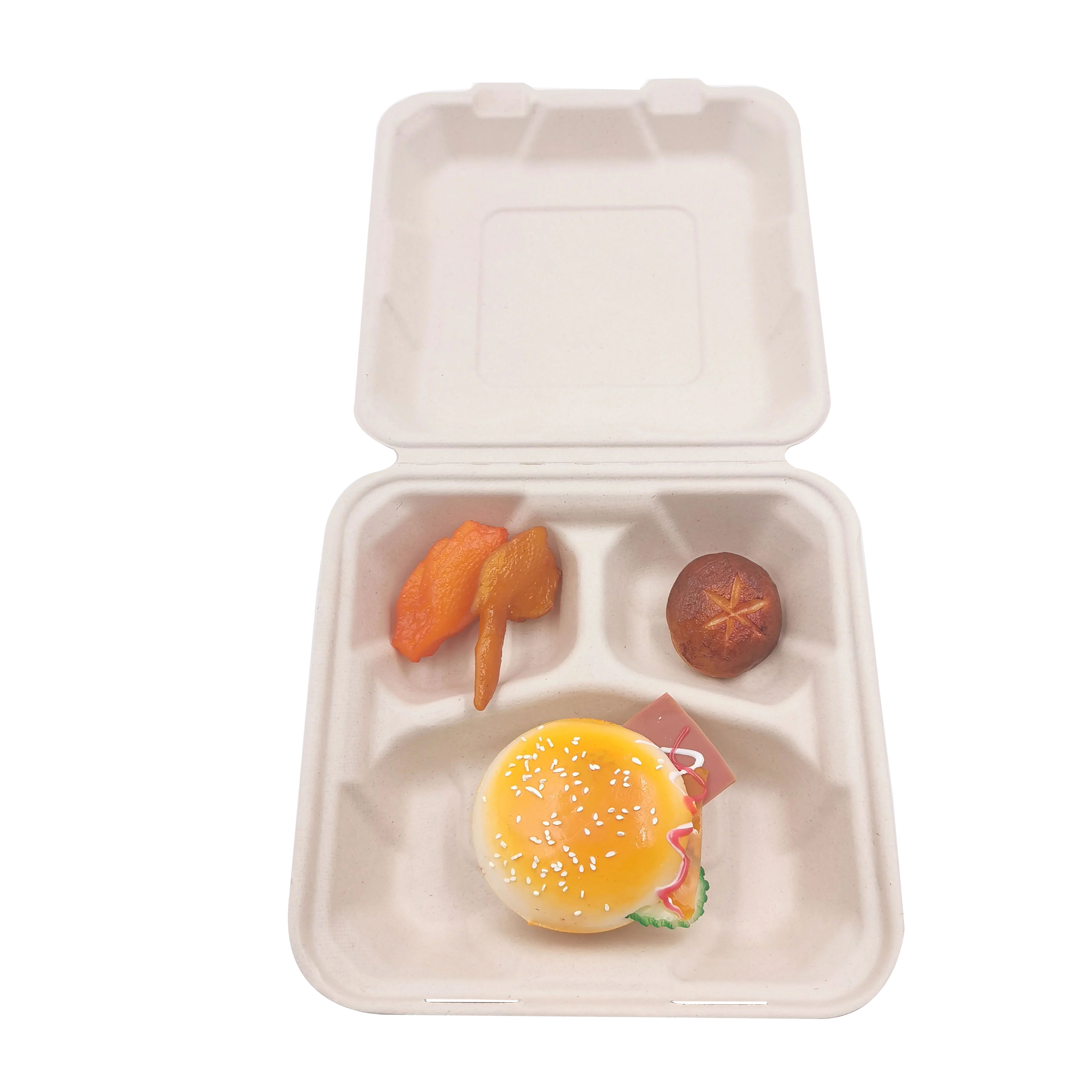 Disposable Clamshell Container 8"  3 Compartment Bagasse Takeout 100pcs 
