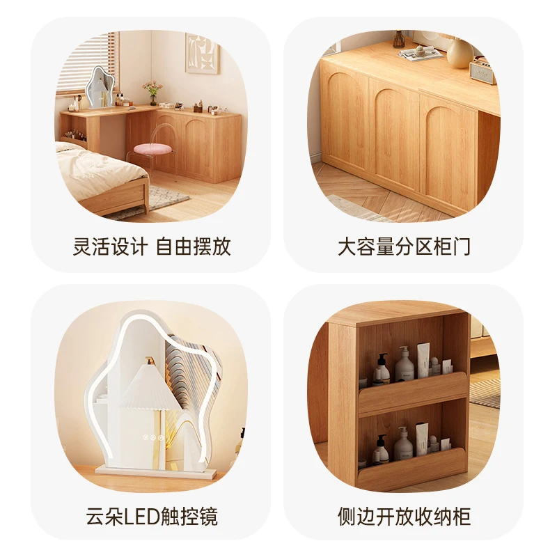 Modern dressing table White Oak Wooden Makeup Vanities for Bedroom with Chair and Hidden Drawer