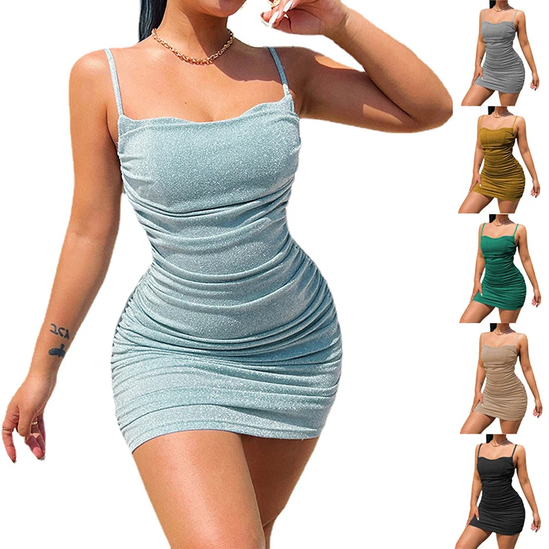 Sleeveless Spaghetti Strap Ruched Mini Dress Backless Bodycon Night Club Dresses for Women Sexy Plus