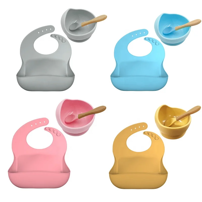 2023 Top Selling Baby Supplies Products Baby Feeding Utensils Silicone Baby Bib Suction Bowl Training Spoons