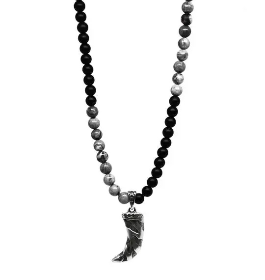 Fashion Design Jewelry Stainless Steel Feather Pendant Matte Onyx Stone Bead Men Necklace