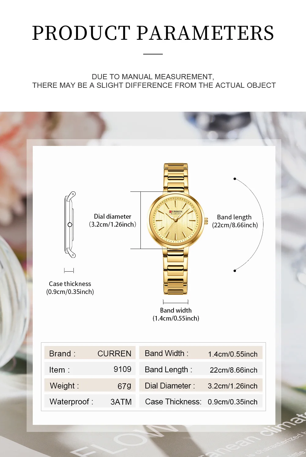 CURREN 9109 Luxury Fashion Luminous Hands Women Wristwatch Stainless Steel Strap Waterproof Watches Quartz Movement Top Watch