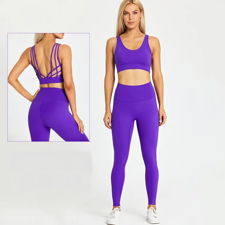 Manufacture Women's Multiple Colors Top Quality Brushed Nylon 4 Way Stretchy Shockproof Sports Bra and Legging Gym Workout Sets