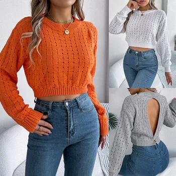 SR31 2024 Women's Sweaters Knitted Backless Hollow Out Long Sleeve Pullover Fall Sweaters For Women