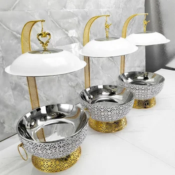 Luxury Gold Stainless Steel Hanging Chafing Dish Set Five-Star Hotel Style Electric Food Warmer round Pattern Buffet Catering