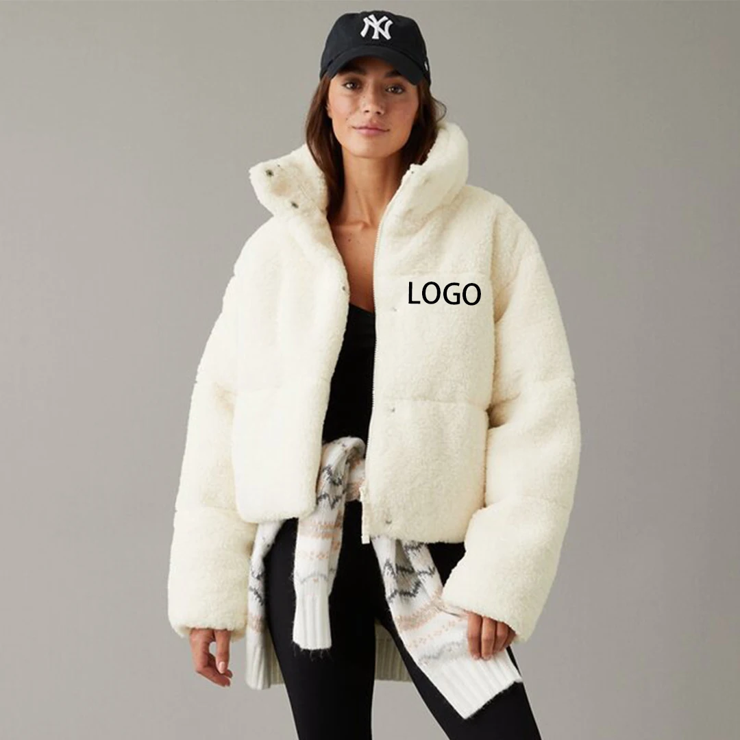 Custom logo zip up sherpa fleece jacket oversized thickened semi high neck winter clothes for women sherpa puffer jacket