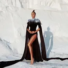 A4898 2021 New Black Velvet Big Sleeve Sequins Feathers High Split Evening Gowns Women Dress Long
