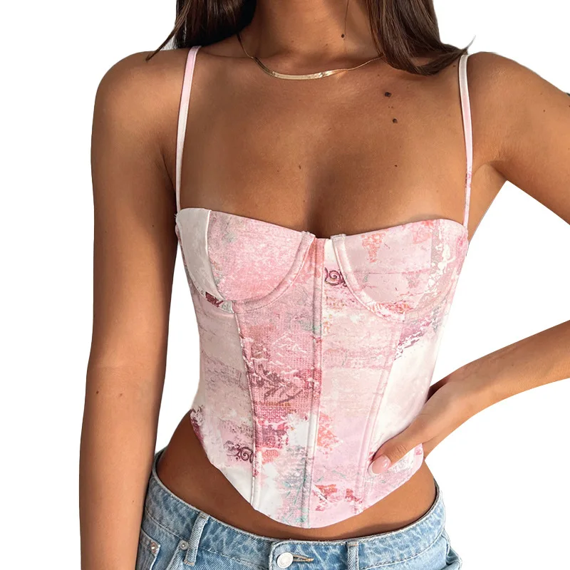 Free Samples Pink 2023 Newest Vintage Floral Print Vest Gilet Bustiers & Corsets Girdling Stock Hot Sexy Clothing Tank Top Woman