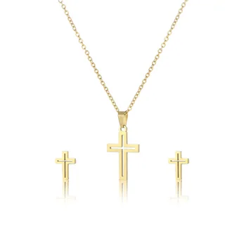 Religious Cross 304 Stainless Steel Clavicle Necklace Earrings Set Simple Titanium Steel Cross Jewelry Customized