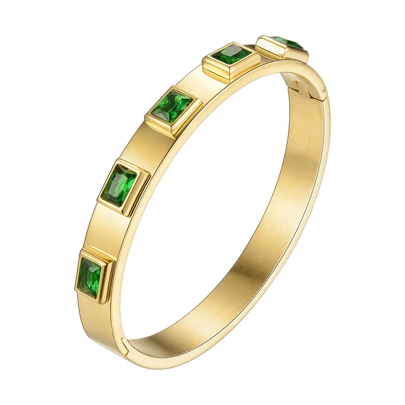 High Quality 18K Gold Plated Stainless Steel Jewelry Square Green Zircon Crystal Bracelets DB172001