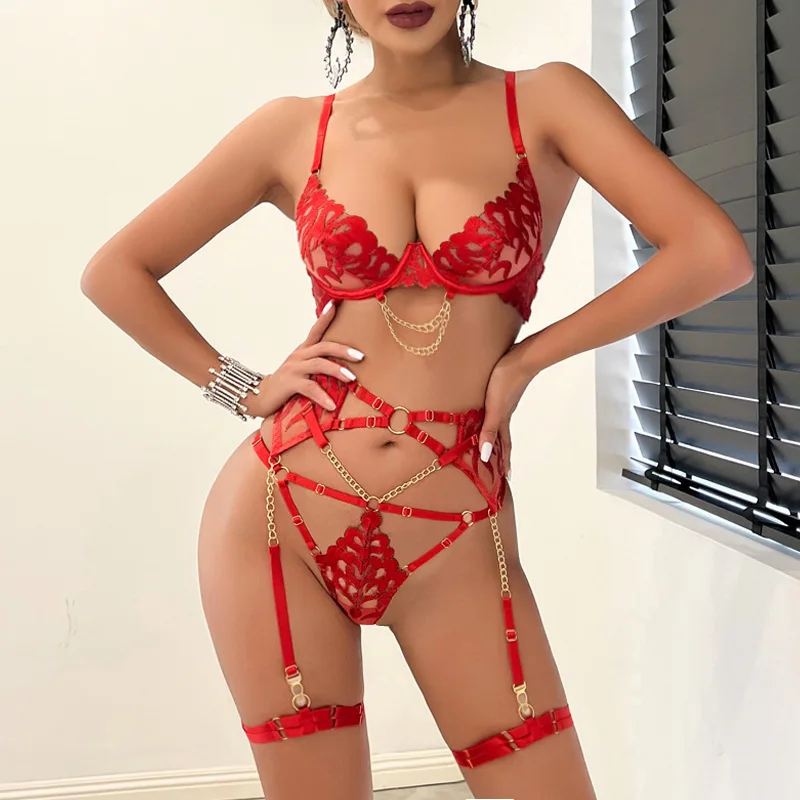 Chuangerm Flame Embroidery Lingerie Sexy Chain Webbing Lingerie Women