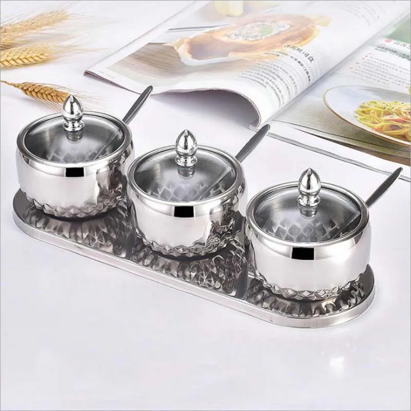 Eco-Friendly Stainless Steel Spice Jars Set with Tray Spoon Lids Small Empty Kitchen Storage Jar with Glass Lid Food Usage