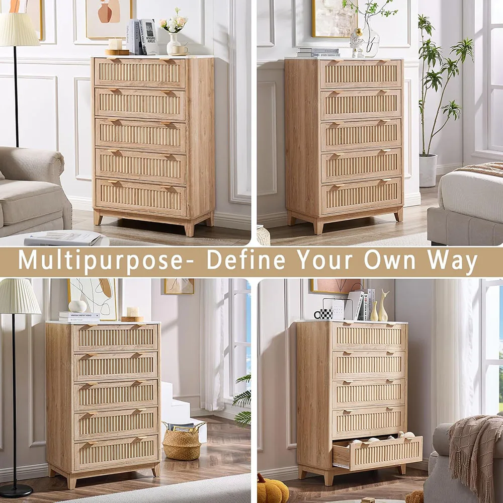 product modern 5 drawer fluted tall dresser with faux marble top oak wood and iron storage cabinet organizers for bedroom living room-3